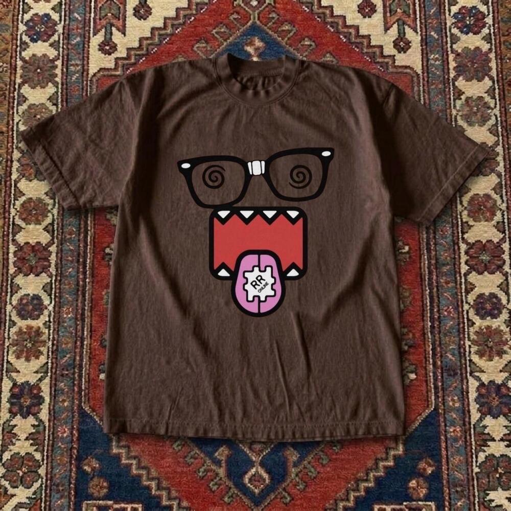 Domo Kun Glasses Tongue Dark Chocolate Kawaii Y2K Anime Graphic T-Shirt